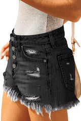 Single-row Button Slim High-waist Hairy Hem Hot Pants