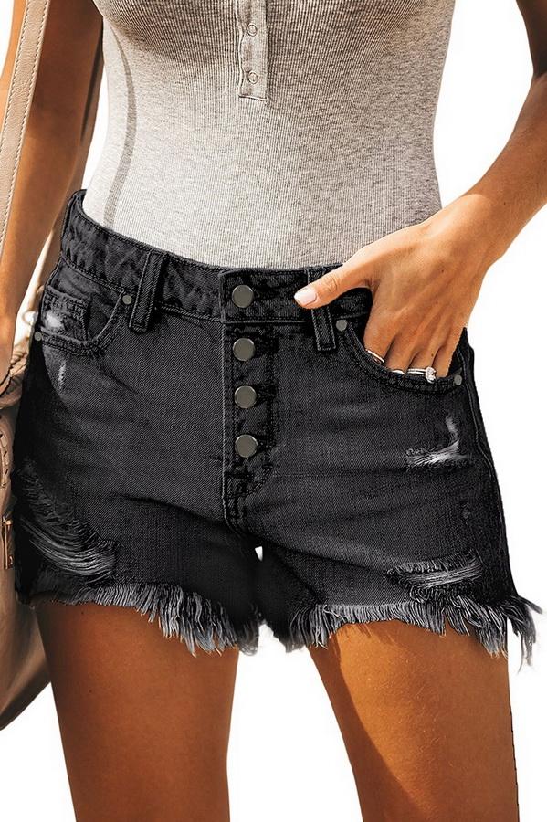 Single-row Button Slim High-waist Hairy Hem Hot Pants