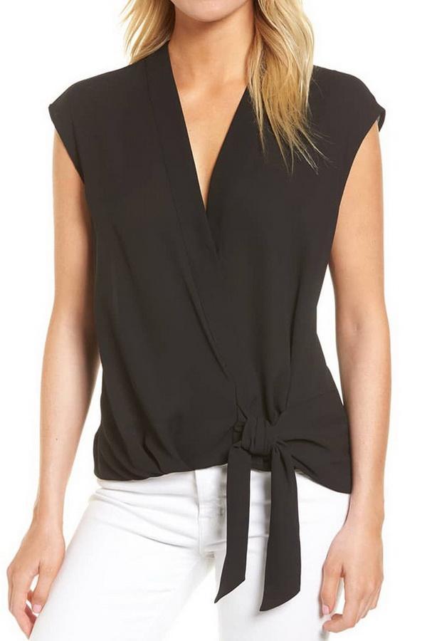 Sleeveless Deep V-collar Knotted Shirt
