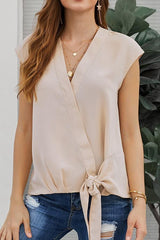 Sleeveless Deep V-collar Knotted Shirt