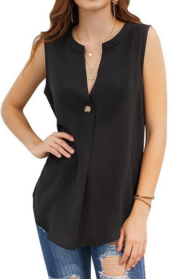 Sleeveless V-neck Single-button Pure-color Blouse