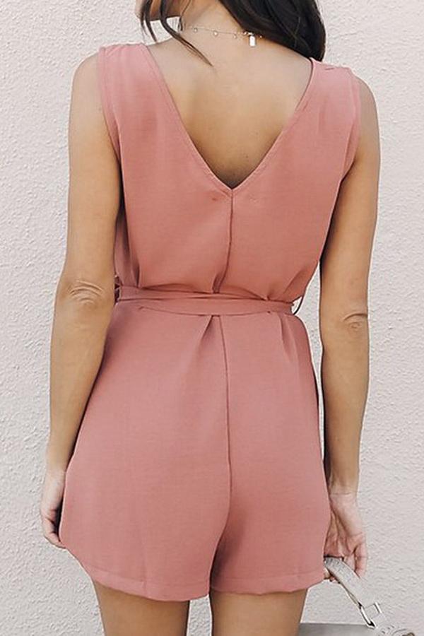 Slim V-collar Pore-color Jumpsuit