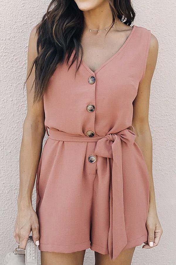 Slim V-collar Pore-color Jumpsuit