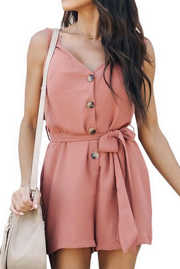 Slim V-collar Pore-color Jumpsuit