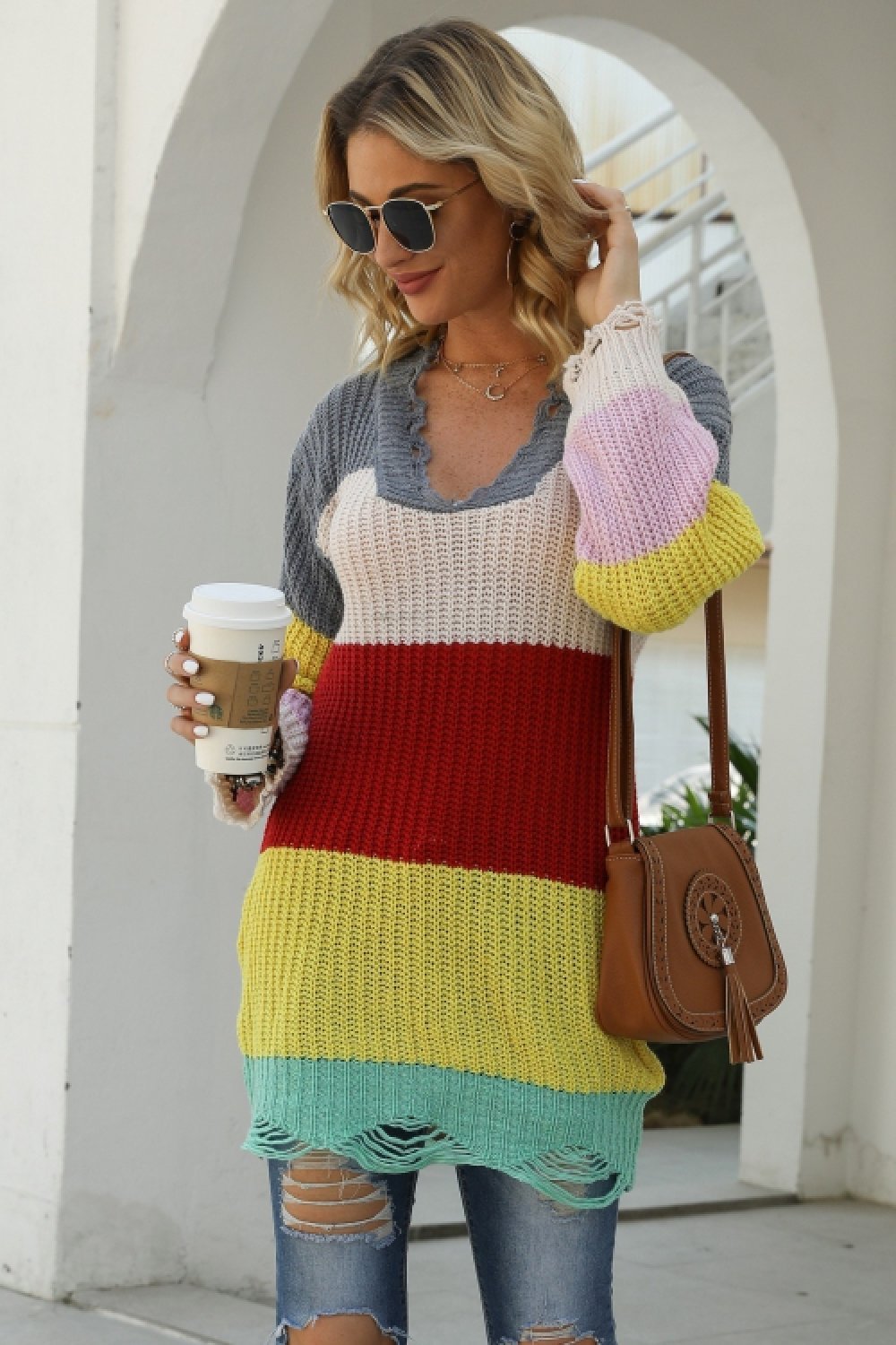 U-neck Contrast Patchwork With Torn Hem Pullover