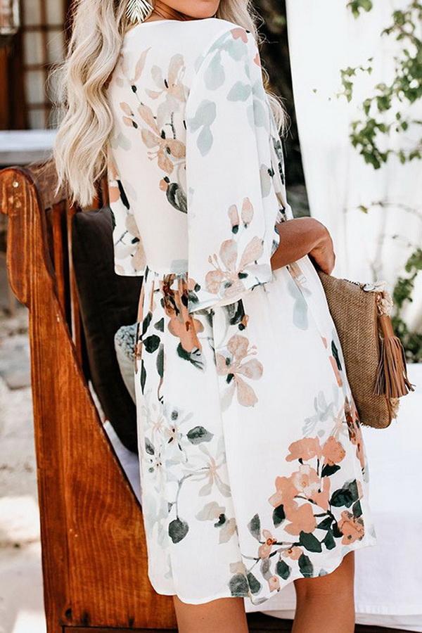 Pure Collor V-collar Casual Loose T-shirt Dress