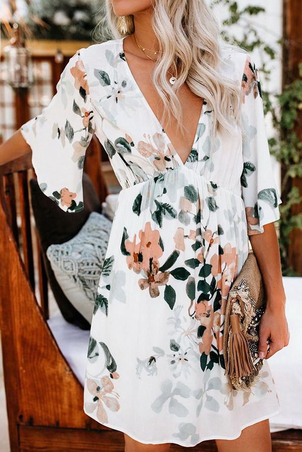 Pure Collor V-collar Casual Loose T-shirt Dress