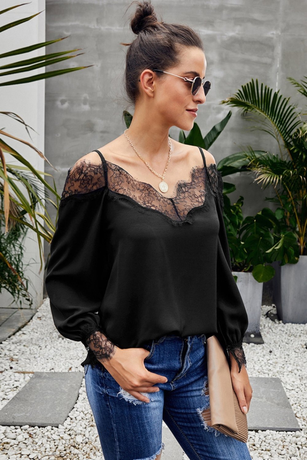 V Neck Cold Shoulder Lace Stitched Blouse