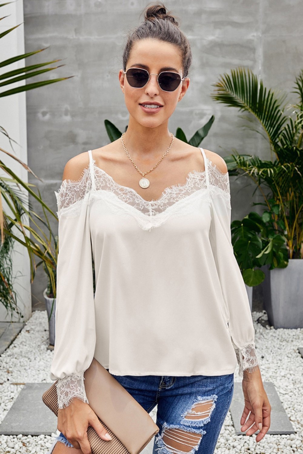 V Neck Cold Shoulder Lace Stitched Blouse