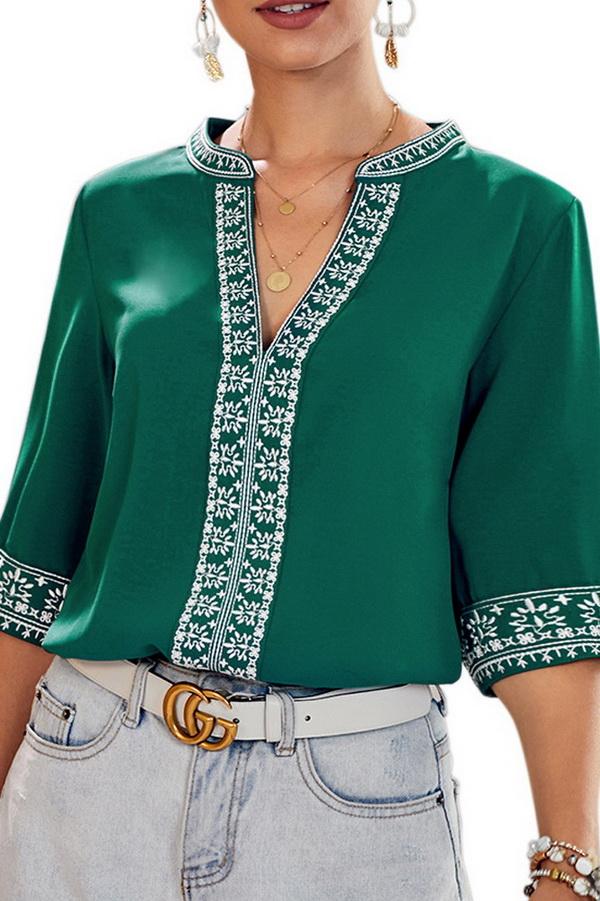 V-neck Ethnic Style Embroidered Lace Blouse