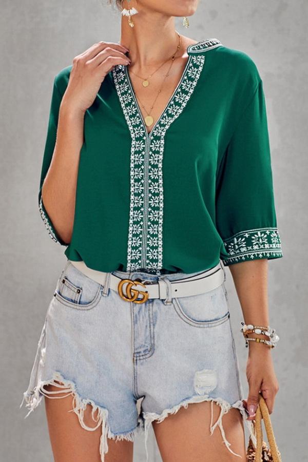 V-neck Ethnic Style Embroidered Lace Blouse