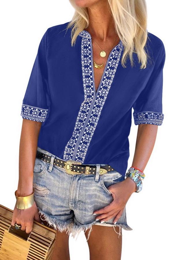 V-neck Ethnic Style Embroidered Lace Blouse