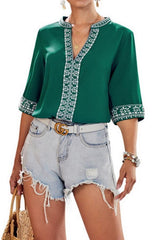 V-neck Ethnic Style Embroidered Lace Blouse