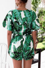 V Neck Green Leaves Tie Waist Romper