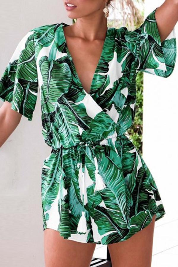 V Neck Green Leaves Tie Waist Romper
