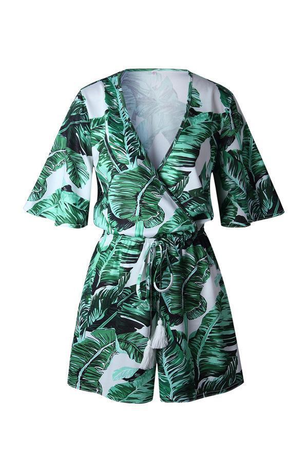 V Neck Green Leaves Tie Waist Romper