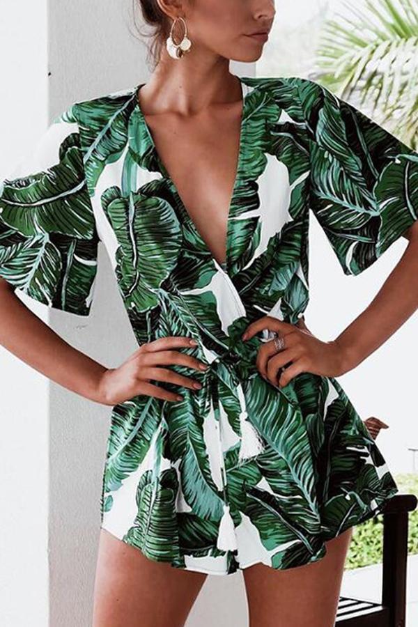 V Neck Green Leaves Tie Waist Romper