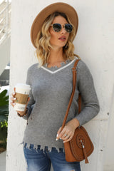 V-neck Hole Solid Loose Knit Pullover
