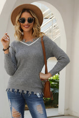 V-neck Hole Solid Loose Knit Pullover