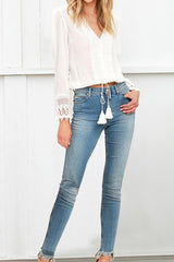 V Neck Lace Tassel Blouse