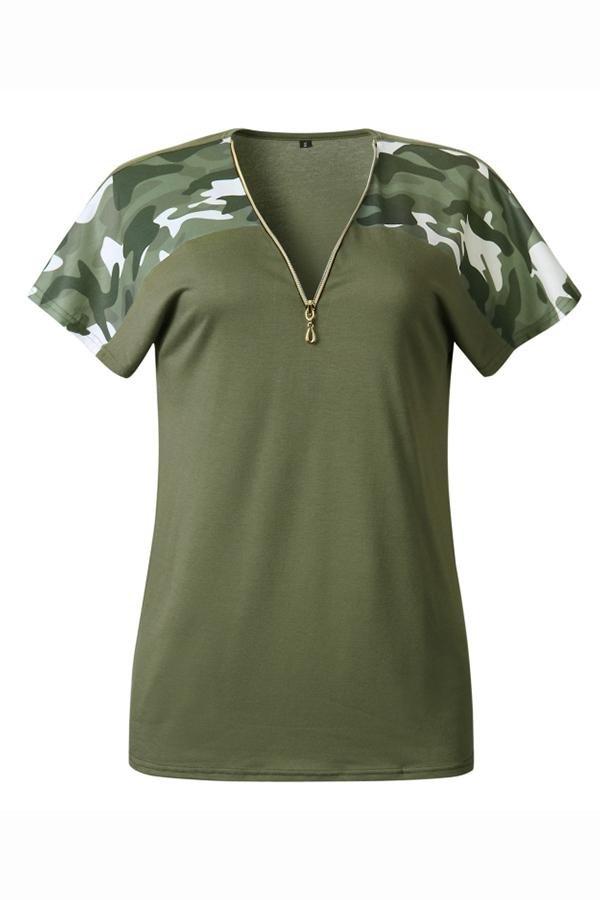 V-neck Leopard Zipper Short Sleeve T-shirt