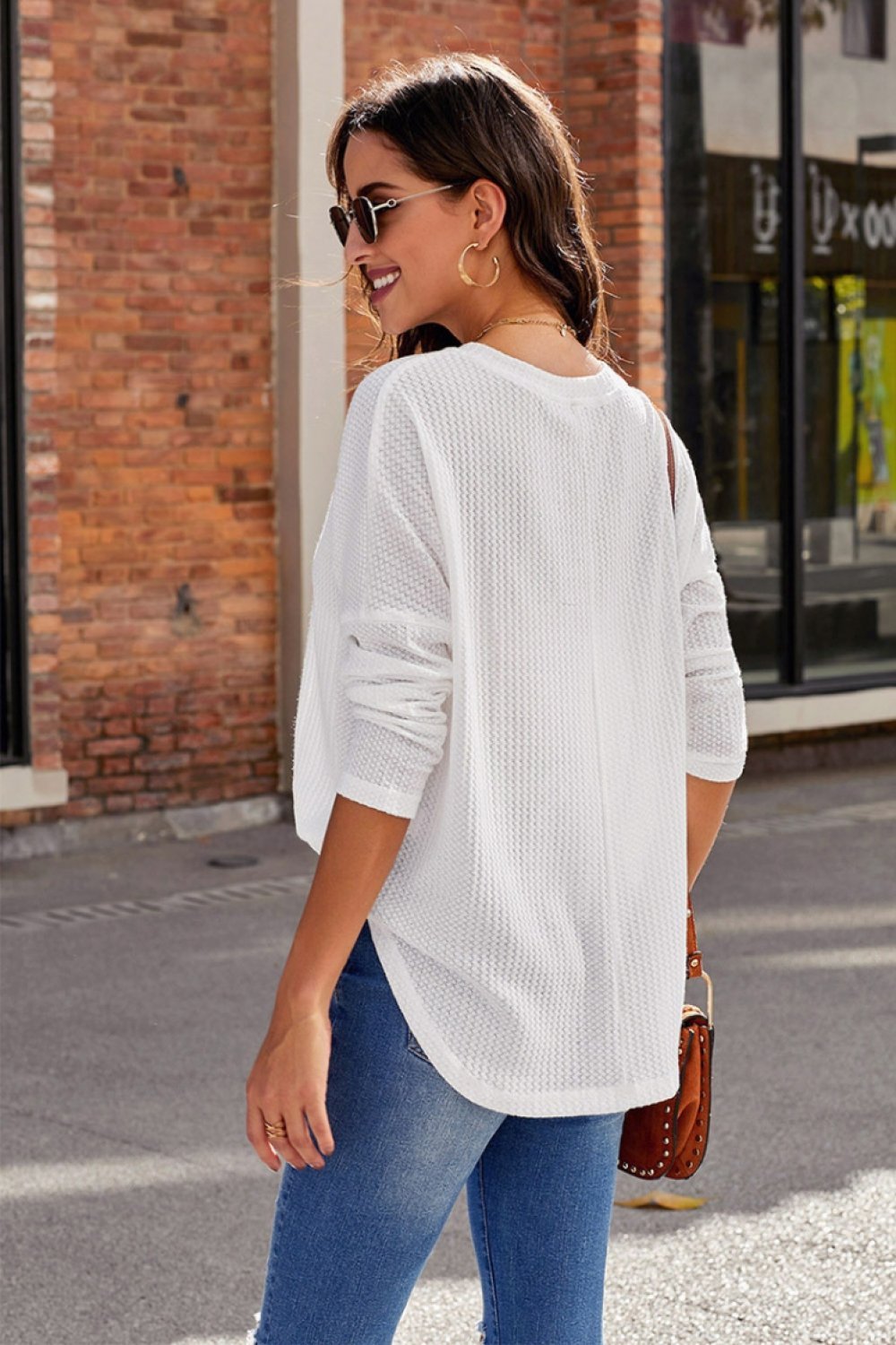 V-neck Loose Waffle Knit Pullover
