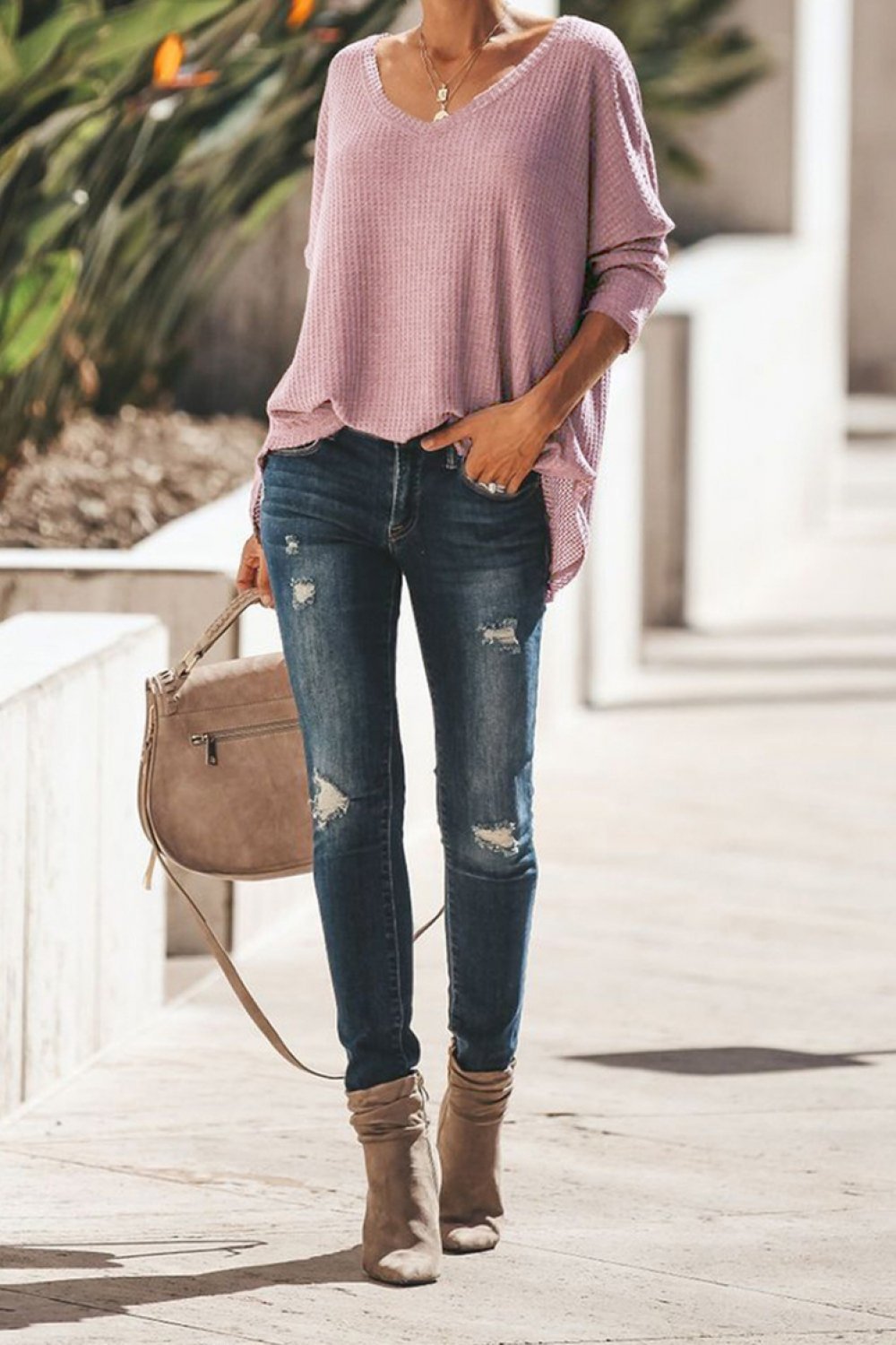 V-neck Loose Waffle Knit Pullover