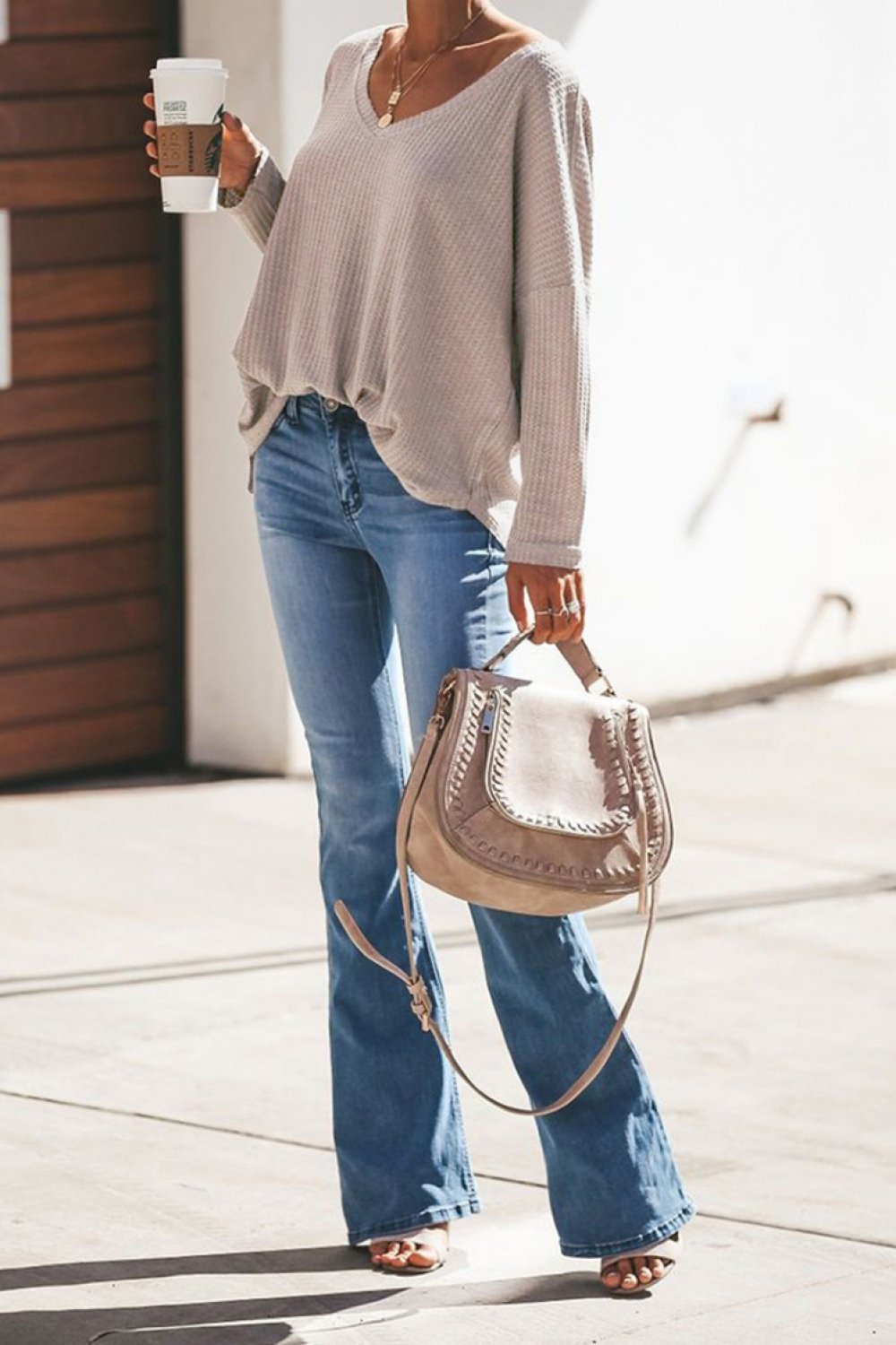 V-neck Loose Waffle Knit Pullover