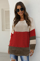 V Neck Patchwork Ruffle Knit Sweater