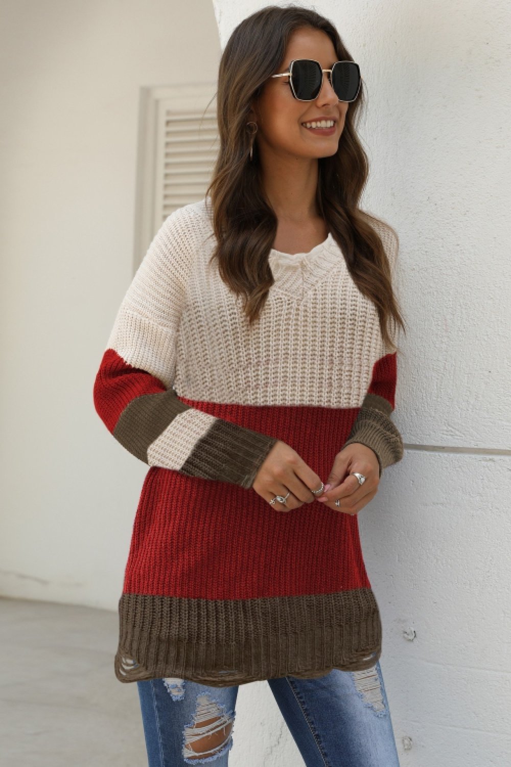 V Neck Patchwork Ruffle Knit Sweater