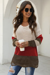 V Neck Patchwork Ruffle Knit Sweater