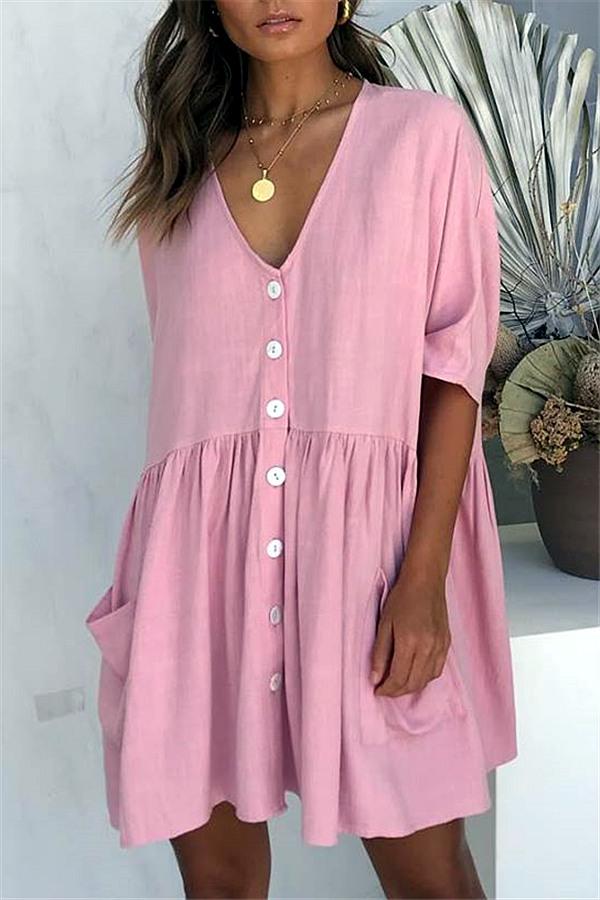 V Neck Pockets Loose Dress