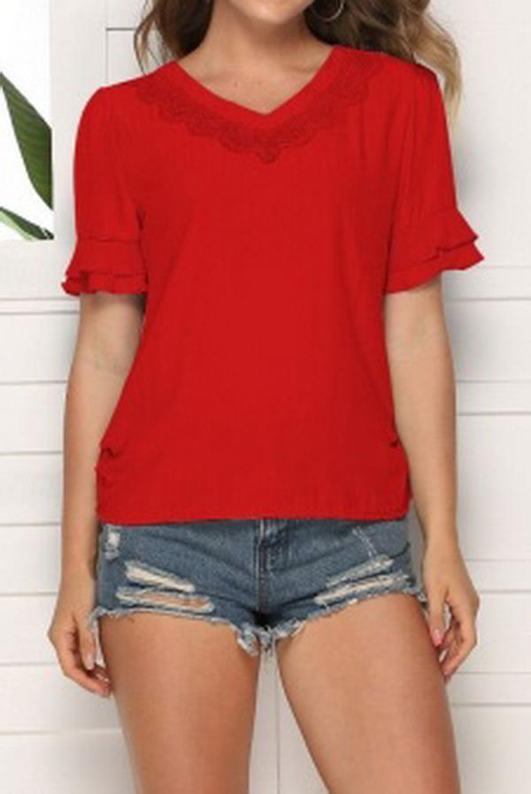 V-neck Solid Color Hollow Loose Top