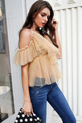 V Neck Strap Boho Mesh Blouse Shirt