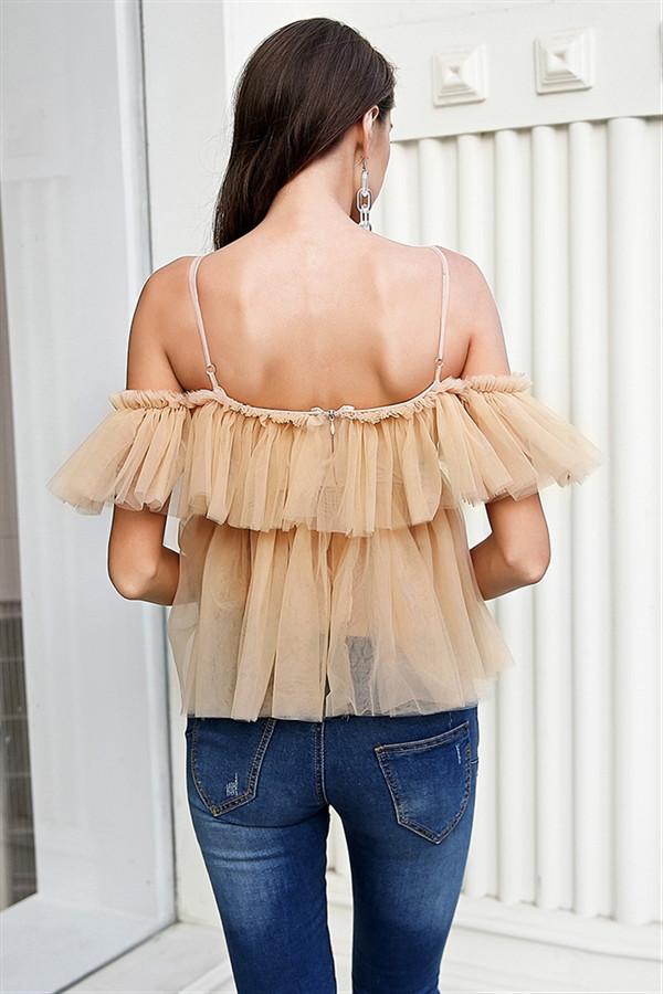 V Neck Strap Boho Mesh Blouse Shirt