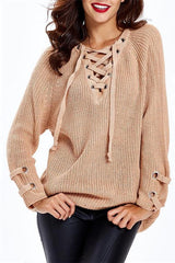 V Neck Striped Bandage Cross Ties Sweater