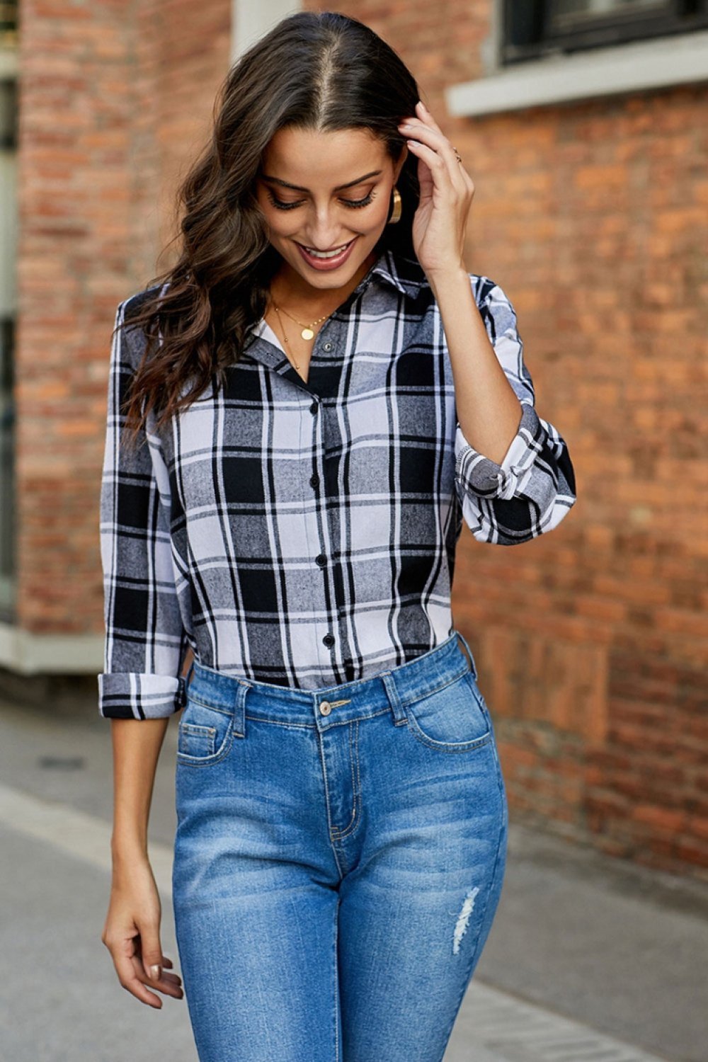 Versatile Plaid Roll Sleeve Shirt