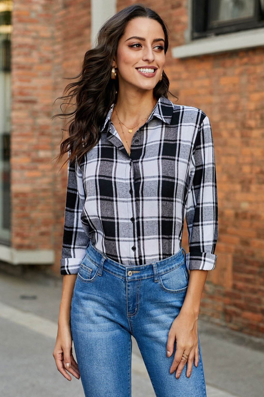 Versatile Plaid Roll Sleeve Shirt