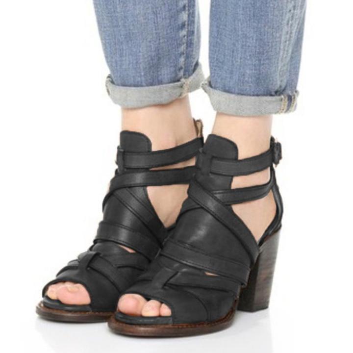 Vintage Buckle Strap Heel Sandals Chunky Heel Sandal
