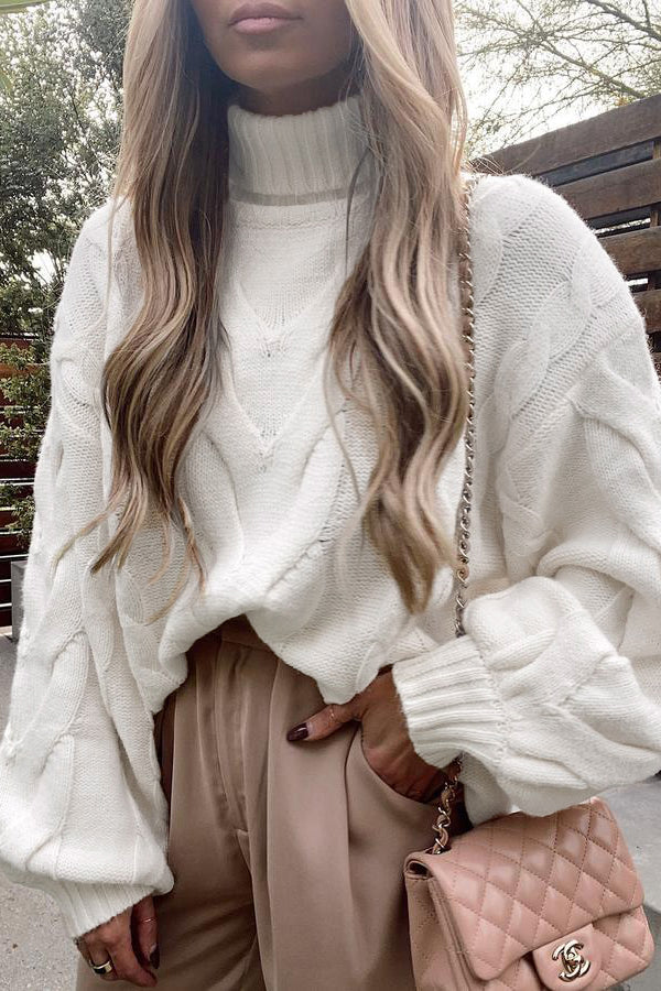 Turtleneck Twist Cable Flared Sleeve Sweater