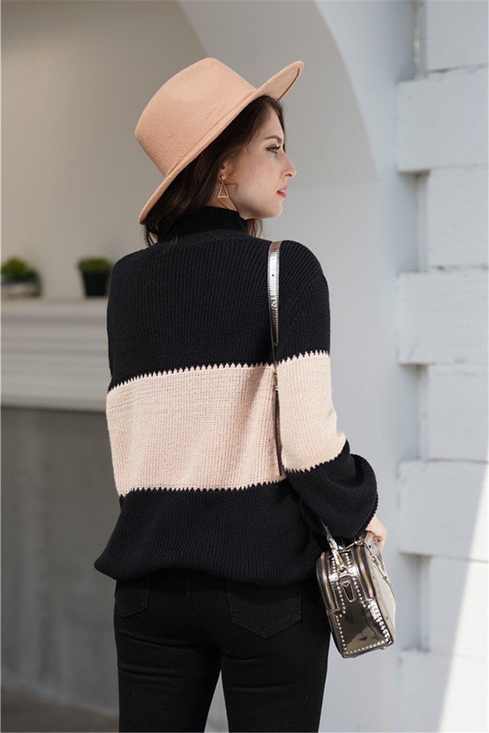 Wide Stripe High Collar Loose Pullover