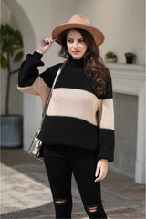 Wide Stripe High Collar Loose Pullover - Khaki