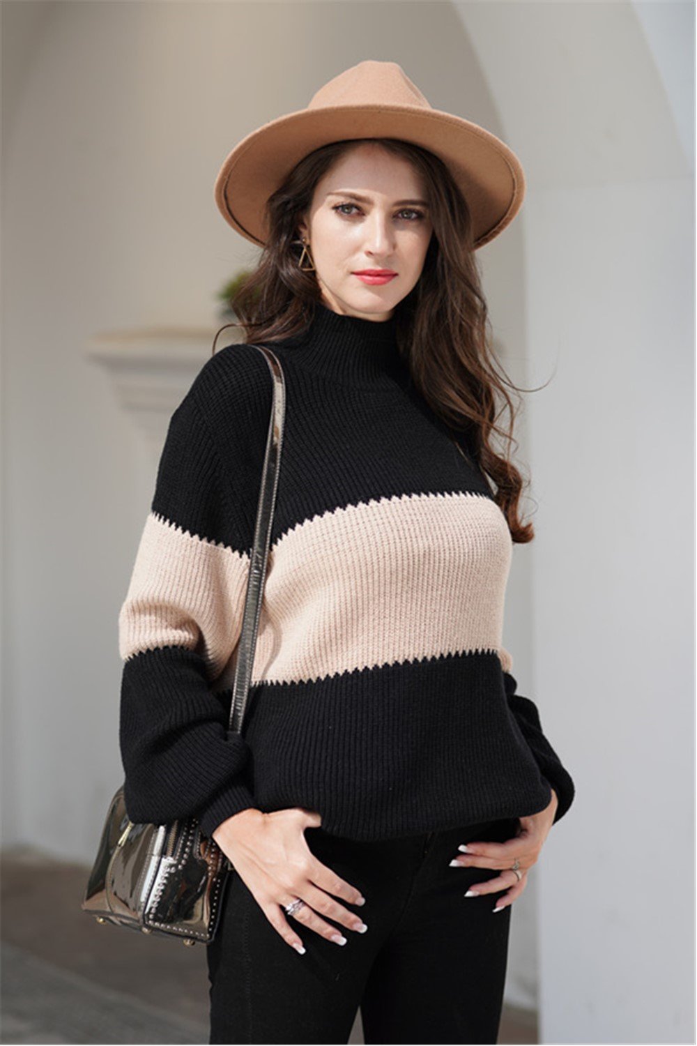 Wide Stripe High Collar Loose Pullover - Khaki