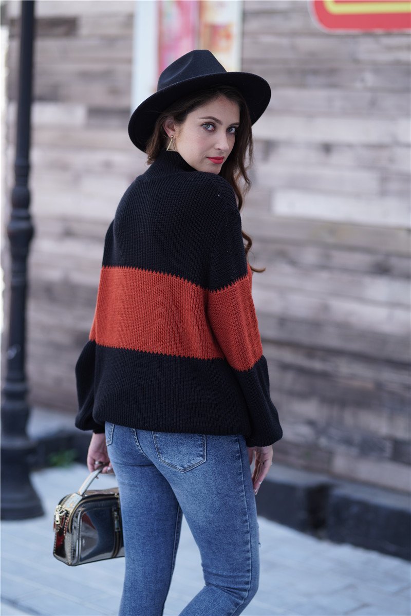 Wide Stripe High Collar Loose Pullover - Khaki