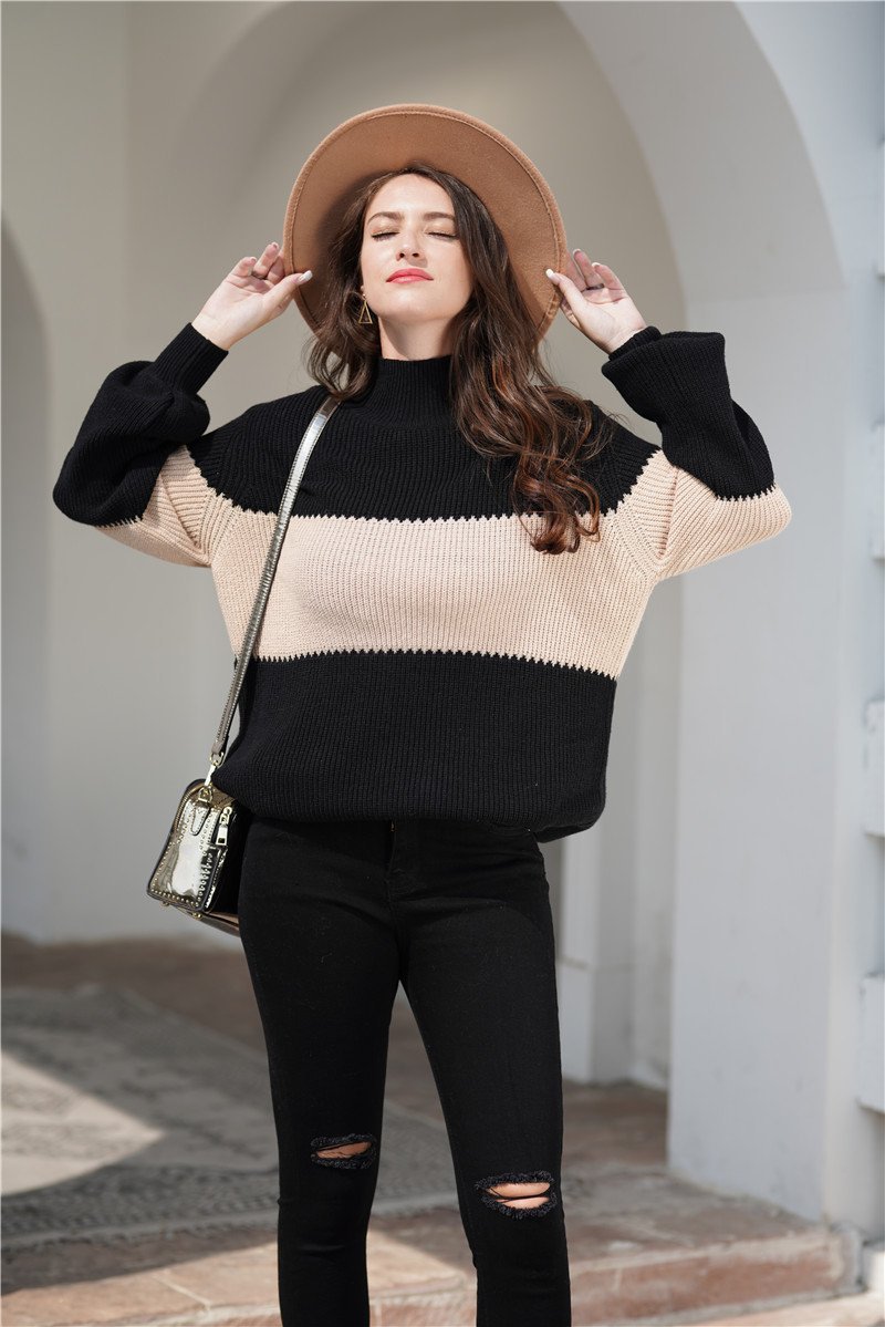 Wide Stripe High Collar Loose Pullover