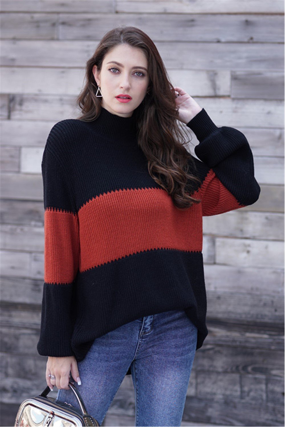 Wide Stripe High Collar Loose Pullover - Khaki