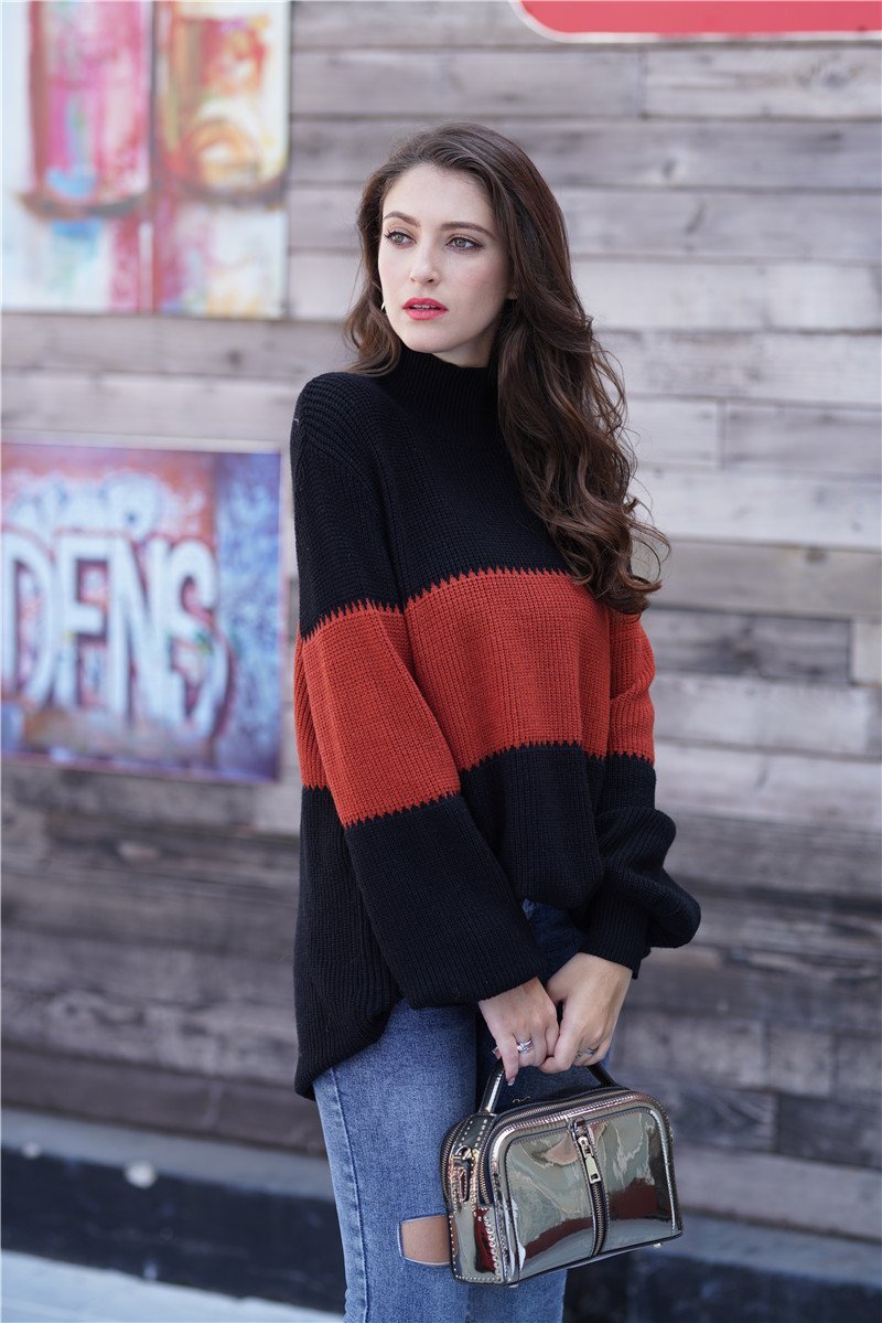 Wide Stripe High Collar Loose Pullover