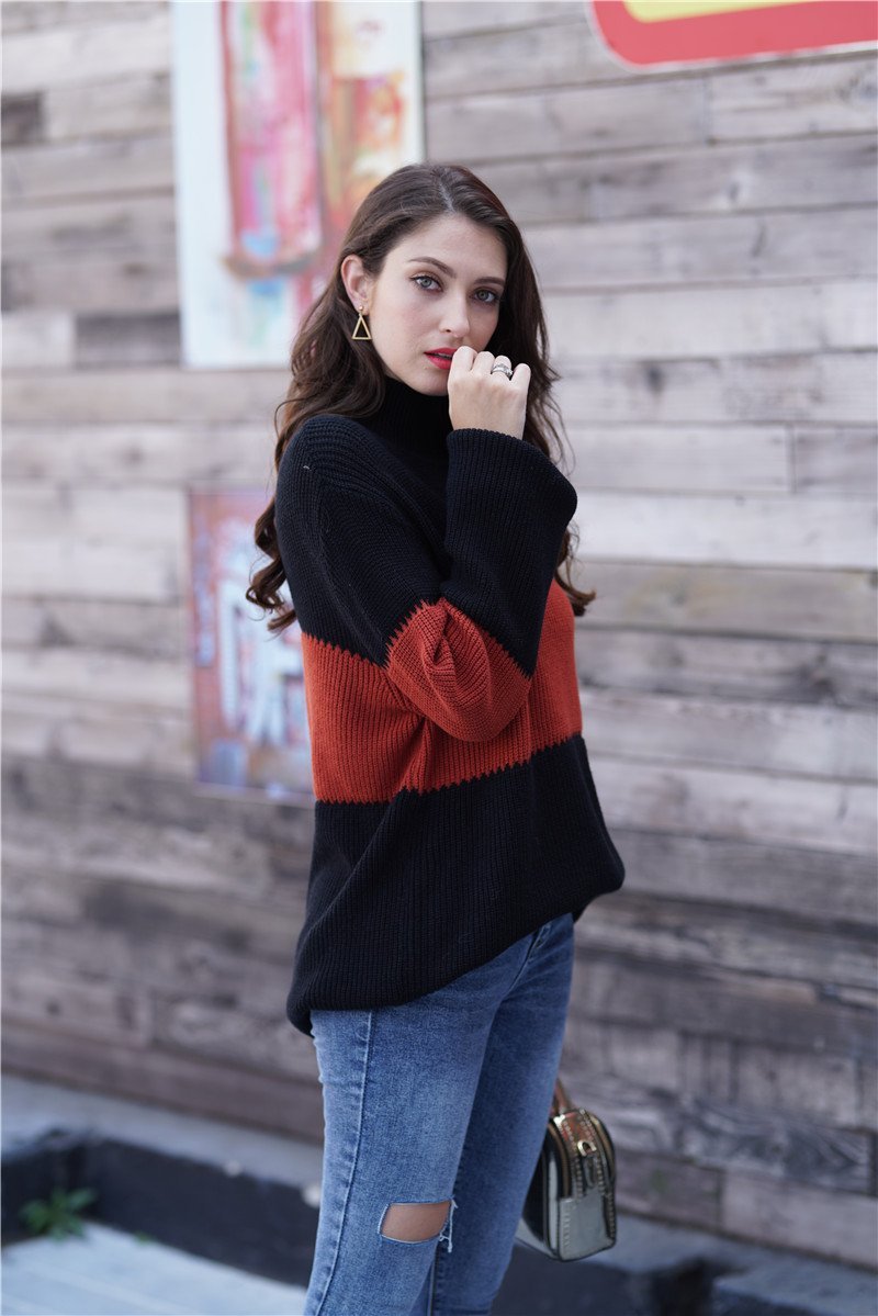 Wide Stripe High Collar Loose Pullover