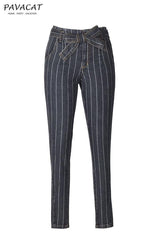 Zipper Fly Striped Belt Jeans