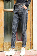 Zipper Fly Striped Belt Jeans